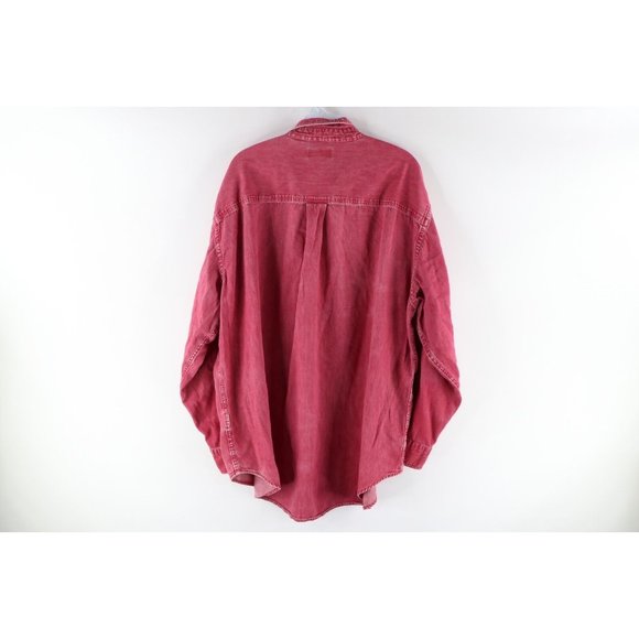 Vintage 90s Lands End Mens 2XL Faded Stonewashed Denim Button Shirt Red Cotton - Picture 6 of 8